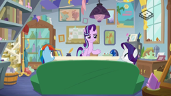 Size: 1024x576 | Tagged: safe, screencap, rainbow dash, rarity, starlight glimmer, pegasus, pony, unicorn, the end in friend, boomerang (tv channel), female, mare, sofa, starlight's office, trio