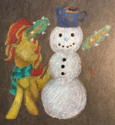 Size: 2556x2772 | Tagged: safe, artist:pony-from-everfree, sunset shimmer, unicorn, clothes, magic, scarf, snowman, solo, traditional art