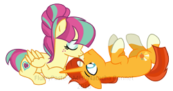 Size: 1573x829 | Tagged: safe, artist:flurrypastels-mlp, sour sweet, sunburst, equestria girls, boop, equestria girls ponified, female, freckles, frown, kissing, male, noseboop, nuzzling, on back, ponified, prone, shipping, simple background, sourburst, straight, transparent background, wide eyes