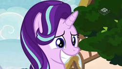 Size: 1024x576 | Tagged: safe, screencap, starlight glimmer, pony, unicorn, the end in friend, boomerang (tv channel), bust, female, grin, mare, nervous, portrait, smiling, solo