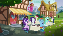 Size: 1024x576 | Tagged: safe, screencap, bon bon, cherry cola, cherry fizzy, lyra heartstrings, rainbow dash, rarity, roseluck, starlight glimmer, sweetie drops, earth pony, pegasus, pony, unicorn, the end in friend, boomerang (tv channel), cafe, female, mare, ponyville