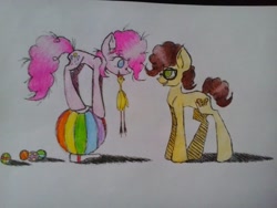 Size: 1024x768 | Tagged: safe, artist:nastynasti, boneless, cheese sandwich, pinkie pie, earth pony, pony, beach ball, bowling pin, cheesepie, female, glasses, inflatable, male, shipping, straight, traditional art