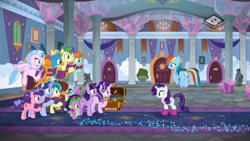 Size: 1024x576 | Tagged: safe, screencap, berry blend, berry bliss, gallus, huckleberry, november rain, ocellus, peppermint goldylinks, rainbow dash, rarity, sandbar, silverstream, smolder, spike, starlight glimmer, twilight sparkle, twilight sparkle (alicorn), yona, alicorn, classical hippogriff, dragon, earth pony, griffon, hippogriff, pegasus, pony, unicorn, the end in friend, boomerang (tv channel), boots, dragoness, female, friendship student, glitter boots, male, mare, neckerchief, school of friendship, shoes, student six, teenager, winged spike