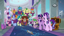 Size: 1024x576 | Tagged: safe, screencap, berry blend, berry bliss, gallus, huckleberry, november rain, ocellus, peppermint goldylinks, sandbar, silverstream, smolder, spike, starlight glimmer, twilight sparkle, twilight sparkle (alicorn), yona, alicorn, changedling, changeling, classical hippogriff, dragon, earth pony, griffon, hippogriff, pegasus, pony, unicorn, yak, the end in friend, background pony, boomerang (tv channel), dragoness, female, flying, friendship student, male, mouth hold, student six, teenager, winged spike