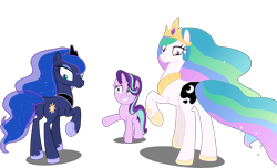 Size: 6724x4096 | Tagged: safe, artist:tralomine, edit, editor:slayerbvc, princess celestia, princess luna, starlight glimmer, earth pony, pony, unicorn, a royal problem, absurd resolution, crown, earth pony celestia, earth pony luna, female, grin, hoof shoes, jewelry, looking back, mare, nervous, nervous grin, now you fucked up, peytral, plot, race swap, raised hoof, regalia, royal sisters, simple background, smiling, spell gone wrong, swapped cutie marks, transparent background, vector, vector edit