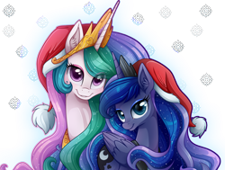 Size: 2538x1919 | Tagged: safe, artist:pauuhanthothecat, princess celestia, princess luna, alicorn, pony, christmas, cute, cutelestia, female, hat, lunabetes, royal sisters, santa hat, sisters