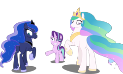 Size: 6724x4096 | Tagged: safe, artist:tralomine, edit, edited edit, editor:slayerbvc, princess celestia, princess luna, starlight glimmer, earth pony, pony, unicorn, a royal problem, absurd resolution, blank flank, crown, earth pony celestia, earth pony luna, female, grin, hoof shoes, jewelry, looking back, mare, nervous, nervous grin, now you fucked up, peytral, plot, race swap, raised hoof, regalia, royal sisters, simple background, smiling, spell gone wrong, transparent background, vector, vector edit