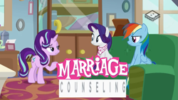 Size: 1023x575 | Tagged: safe, edit, edited screencap, screencap, rainbow dash, rarity, starlight glimmer, pegasus, pony, unicorn, the end in friend, bandana, boomerang (tv channel), boots, caption, clothes, expand dong, exploitable meme, female, glitter boots, image macro, lesbian, meme, raridash, shipping, shoes, sofa, starlight's office