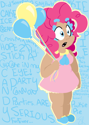 Size: 1000x1400 | Tagged: safe, artist:emmymew13, pinkie pie, human, balloon, dark skin, humanized, solo, wall of text