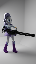 Size: 1080x1920 | Tagged: safe, artist:creatorofpony, rarity, equestria girls, /mlp/, 3d, 3d model, blender, boots, bracelet, clothes, crazy face, faic, gun, jewelry, minigun, shirt, skirt, smiling