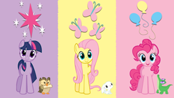 Size: 1920x1080 | Tagged: safe, artist:gustaviaable, derpibooru import, angel bunny, fluttershy, gummy, owlowiscious, pinkie pie, twilight sparkle, earth pony, pegasus, pony, cutie mark, vector, wallpaper