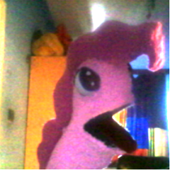 Size: 240x240 | Tagged: safe, pinkie pie, irl, low quality, photo, picture taken with a potato, puppet, wat