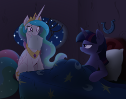 Size: 10800x8471 | Tagged: safe, artist:joey darkmeat, artist:krazy3, princess celestia, twilight sparkle, alicorn, pony, unicorn, absurd resolution, bed, cute, cutelestia, female, frown, lesbian, mare, mouth hold, nom, pillow, shipping, sitting, smiling, twilestia, unamused