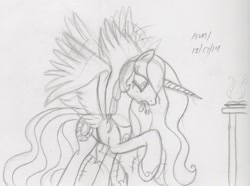 Size: 1223x910 | Tagged: safe, artist:slash-sun-slash, princess celestia, alicorn, pony, burn, burned, celestiadoodle, crying, dork, flapping, monochrome, oven, princess dorklestia, raised hoof, silly, silly pony, solo, stomping, traditional art