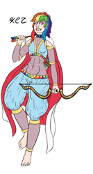 Size: 1024x1912 | Tagged: safe, artist:korencz11, derpibooru import, rainbow dash, human, archer dash, arrow, barefoot, bow (weapon), bow and arrow, cape, clothes, feet, humanized, solo, weapon