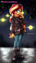 Size: 4000x7000 | Tagged: safe, artist:katakiuchi4u, sunset shimmer, equestria girls, belt, boots, clothes, jacket, looking at you, night, patreon, patreon logo, scarf, shoes, sky, solo, stars, winter