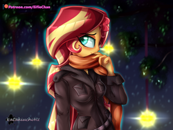 Size: 4000x3000 | Tagged: safe, artist:katakiuchi4u, sunset shimmer, equestria girls, close-up, clothes, jacket, looking at you, night, patreon, patreon logo, scarf, solo, stars, winter