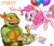 Size: 650x550 | Tagged: safe, artist:tairaseki puriko, pinkie pie, earth pony, pony, balloon, crossover, food, meat, michelangelo, pepperoni, pepperoni pizza, pinkey, pixiv, pizza, teenage mutant ninja turtles, then watch her balloons lift her up to the sky, tmnt 2012