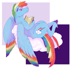 Size: 1200x1100 | Tagged: safe, artist:dragoncuali, derpibooru import, rainbow dash, pegasus, pony, abstract background, book, cloud, female, looking at you, lying, mare, reading, solo, spread wings, wings