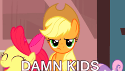 Size: 960x540 | Tagged: safe, edit, edited screencap, screencap, apple bloom, applejack, scootaloo, sweetie belle, earth pony, pony, one bad apple, animated, annoyed, caption, cutie mark crusaders, derp, excited, frown, gif, happy, hopping, image macro, irrational exuberance, jumping, pronking, smiling, unamused, vulgar
