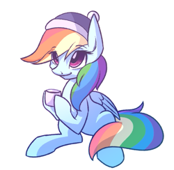 Size: 533x520 | Tagged: safe, artist:mayde-m, derpibooru import, rainbow dash, pegasus, pony, cap, coffee, female, hat, mare, mug, simple background, solo, white background