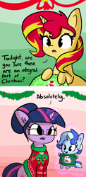 Size: 1280x2630 | Tagged: safe, artist:tjpones, sci-twi, sunset shimmer, twilight sparkle, oc, oc:sparkling sapphire, pony, unicorn, series:sciset diary, baby, baby pony, christmas, christmas sweater, clothes, comic, cute, female, glowing horn, holiday, lesbian, looking at each other, magic, magical lesbian spawn, mare, offspring, open mouth, parent:sci-twi, parent:sunset shimmer, parents:scitwishimmer, pun, scitwishimmer, shimmerbetes, shipping, sunsetsparkle, sweater, telekinesis, trio, twiabetes