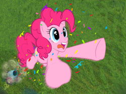 Size: 1362x1020 | Tagged: safe, artist:hope(n forever), pinkie pie, earth pony, pony, confetti, drool, grass, grass field, motion blur, party cannon, perspective, pony cannonball, smoke, solo, tongue out