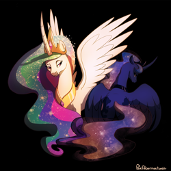 Size: 958x958 | Tagged: safe, artist:beetlebot, princess celestia, princess luna, alicorn, pony, both cutie marks, looking back, plot, spread wings