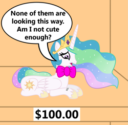 Size: 1177x1148 | Tagged: safe, artist:vincentthecrow, part of a set, princess celestia, alicorn, pony, barcode, bowtie, bronybait, expensive, ponies for sale, price tag, sad