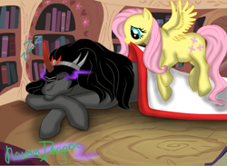 Size: 1024x751 | Tagged: safe, artist:nairondragon, fluttershy, king sombra, pegasus, pony, unicorn, blanket, dark magic, female, library, magic, male, shipping, sleeping, sombra eyes, sombrashy, straight