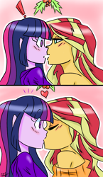 Size: 888x1529 | Tagged: safe, artist:ajdudebro, sunset shimmer, twilight sparkle, equestria girls, 2 panel comic, blushing, christmas, clothes, comic, female, heart, holiday, holly, holly mistaken for mistletoe, kissing, lesbian, looking at each other, off shoulder, shipping, sunsetsparkle