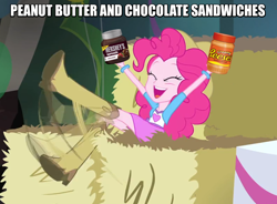 Size: 886x653 | Tagged: safe, screencap, pinkie pie, equestria girls, rainbow rocks, chocolate, happy, hershey's chocolate spread, image macro, meme, peanut butter, product placement, reese's peanut butter, solo