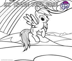 Size: 940x788 | Tagged: safe, derpibooru import, rainbow dash, pegasus, pony, black and white, coloring page, gameloft, grayscale, monochrome, my little pony logo, official, solo