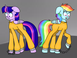 Size: 2180x1624 | Tagged: safe, artist:amazing-ga, artist:kb-gamerartist, derpibooru import, rainbow dash, twilight sparkle, alicorn, pegasus, pony, bound wings, clothes, cuffs, frustrated, jail, never doubt rainbowdash69's involvement, prison, prison outfit, prisoner, prisoner rd, prisoner ts, shackles