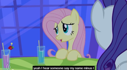 Size: 637x348 | Tagged: safe, screencap, fluttershy, rarity, pegasus, pony, unicorn, a canterlot wedding, drink, meme, youtube caption