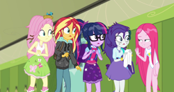 Size: 1280x679 | Tagged: safe, edit, edited edit, edited screencap, editor:slayerbvc, screencap, fluttershy, pinkie pie, rarity, sci-twi, sunset shimmer, twilight sparkle, bird, eqg summertime shorts, equestria girls, monday blues, backpack, boots, clothes, clothing damage, hallway, hoodie, leotard, magical geodes, makeup, nest, one-piece swimsuit, pinkamena diane pie, running makeup, shoes, swimsuit, swimsuit edit, towel, waving, wet clothes, wet hair