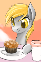 Size: 1001x1501 | Tagged: safe, artist:d-lowell, derpy hooves, pegasus, pony, female, food, mare, milk, muffin, solo