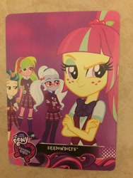 Size: 2448x3264 | Tagged: safe, indigo zap, lemon zest, sour sweet, sugarcoat, equestria girls, friendship games, clothes, crossed arms, crystal prep academy uniform, crystal prep shadowbolts, equestria girls logo, fail, glasses, goggles, holly, school uniform, smiling, smirk, trading card, we couldn't fit it all in, you had one job