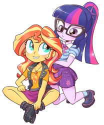 Size: 664x800 | Tagged: safe, artist:k-nattoh, sci-twi, sunset shimmer, twilight sparkle, better together, equestria girls, blushing, cute, duo, female, looking at each other, shimmerbetes, simple background, smiling, twiabetes, white background