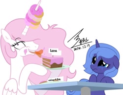 Size: 900x690 | Tagged: safe, artist:bluse, princess celestia, princess luna, alicorn, pony, background removed, cake, cakelestia, crying, cute, donut, female, filly, lunabuse, show accurate, signature, simple background, tongue out, trollestia, white background, woona, woonabuse