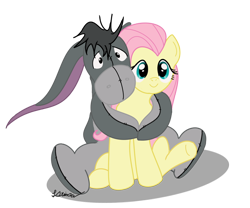 Size: 888x739 | Tagged: safe, artist:sylvesterkittycat, fluttershy, pegasus, pony, crossover, eeyore, hug, simple background, transparent background, winnie the pooh