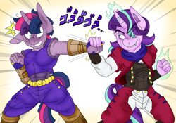 Size: 2799x1963 | Tagged: safe, artist:blackbewhite2k7, dusk shine, starlight glimmer, stellar gleam, twilight sparkle, anthro, anime, commission, crossover, dio brando, fight, is it friendship is manly?, japanese, jojo's bizarre adventure, jonathan joestar, magic, muscles, rule 63, speed lines