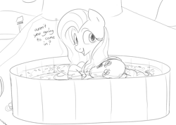 Size: 1212x862 | Tagged: safe, artist:dotkwa, fluttershy, pegasus, pony, bath, hot tub, monochrome, solo