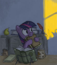 Size: 700x802 | Tagged: safe, artist:onkelscrut, derpibooru import, twilight sparkle, book, cute, dark, eating, nom, sandwich, solo, sunset, table