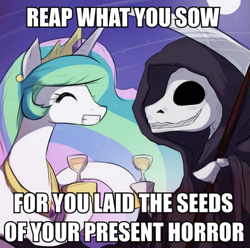 Size: 555x550 | Tagged: safe, princess celestia, alicorn, pony, grim reaper, image macro, meme, scythe