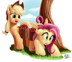 Size: 900x771 | Tagged: safe, artist:tsitra360, applejack, fluttershy, earth pony, pegasus, pony, apple, carrying, tree, working