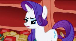 Size: 1099x598 | Tagged: safe, screencap, rarity, pony, unicorn, sonic rainboom (episode), book, glare, solo