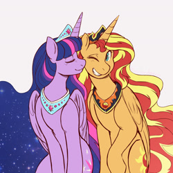 Size: 1800x1800 | Tagged: safe, artist:overlordneon, sunset shimmer, twilight sparkle, twilight sparkle (alicorn), alicorn, pony, alicornified, crown, duo, ethereal mane, eyes closed, female, jewelry, lesbian, mare, necklace, one eye closed, race swap, regalia, shimmercorn, shipping, simple background, smiling, starry mane, sunsetsparkle, ultimate twilight, white background