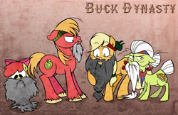 Size: 800x518 | Tagged: safe, artist:bunnimation, apple bloom, applejack, big macintosh, granny smith, earth pony, pony, bandana, beard, brother and sister, duck dynasty, family, female, grandmother and grandchild, male, mare, moustache, parody, siblings, sisters, stallion