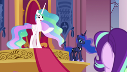 Size: 1280x720 | Tagged: safe, edit, edited screencap, editor:slayerbvc, screencap, princess celestia, princess luna, starlight glimmer, alicorn, pony, unicorn, a royal problem, accessory-less edit, barehoof, crown, female, hoof shoes, jewelry, mare, missing accessory, peytral, regalia, royal sisters, throne, throne room